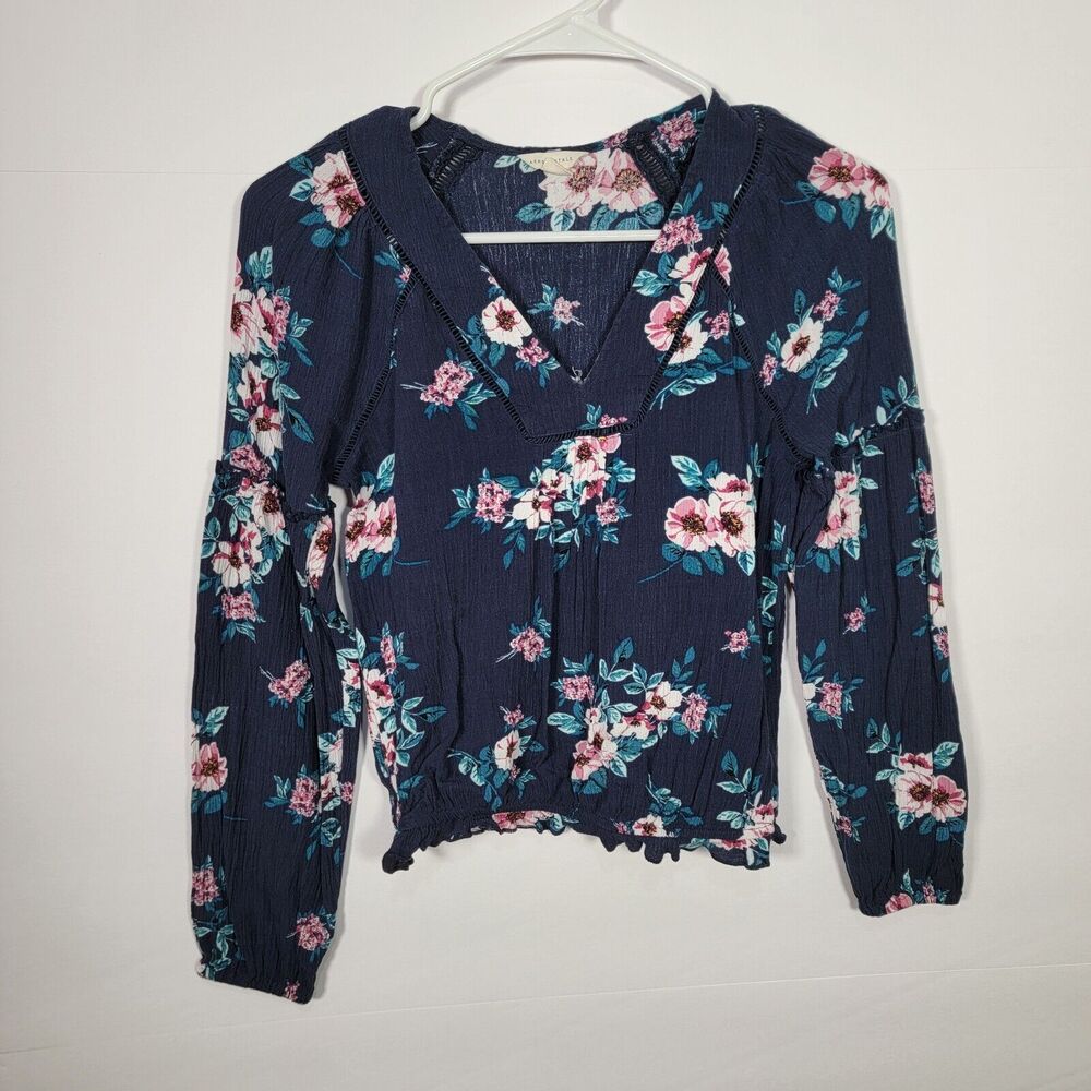Aeropostale Blouse Women's Small S Long Sleeve Off the Shoulder Crop Floral Blue